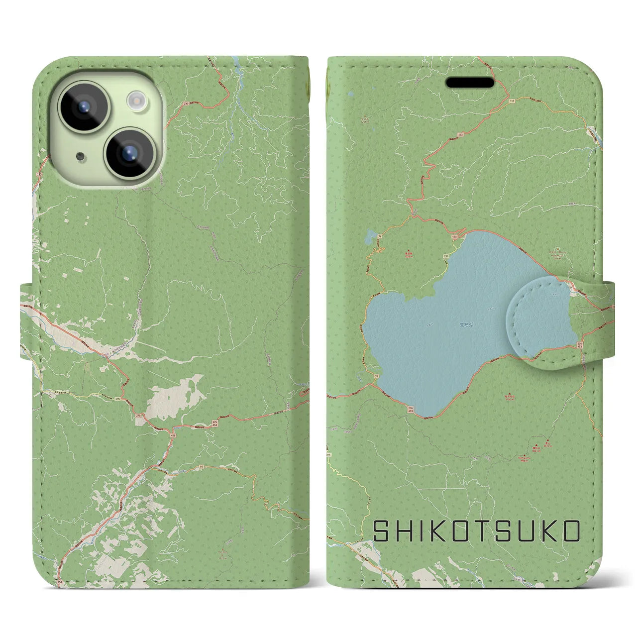 【支笏湖(北海道)】地図柄iPhoneケース(手帳タイプ)ナチュラル・iPhone 15 用