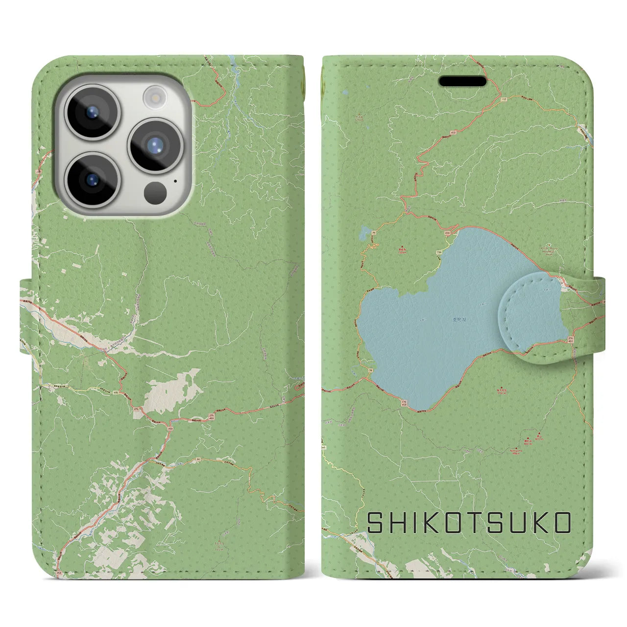 【支笏湖(北海道)】地図柄iPhoneケース(手帳タイプ)ナチュラル・iPhone 15 Pro 用