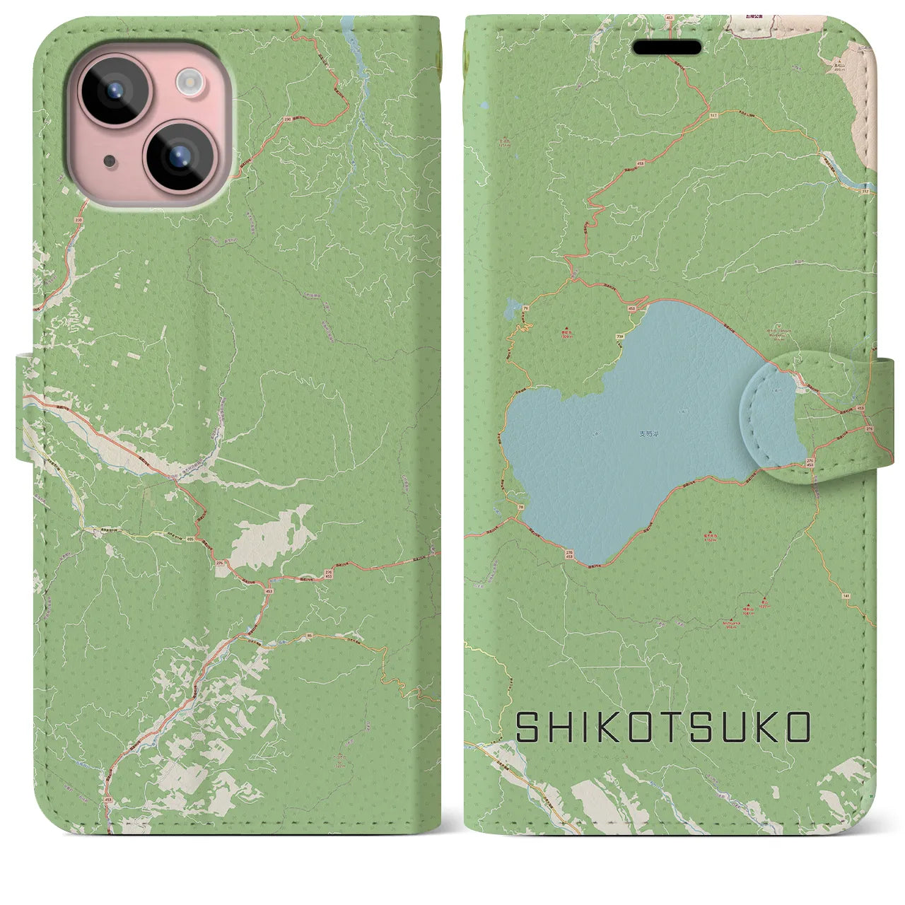 【支笏湖(北海道)】地図柄iPhoneケース(手帳タイプ)ナチュラル・iPhone 15 Plus 用