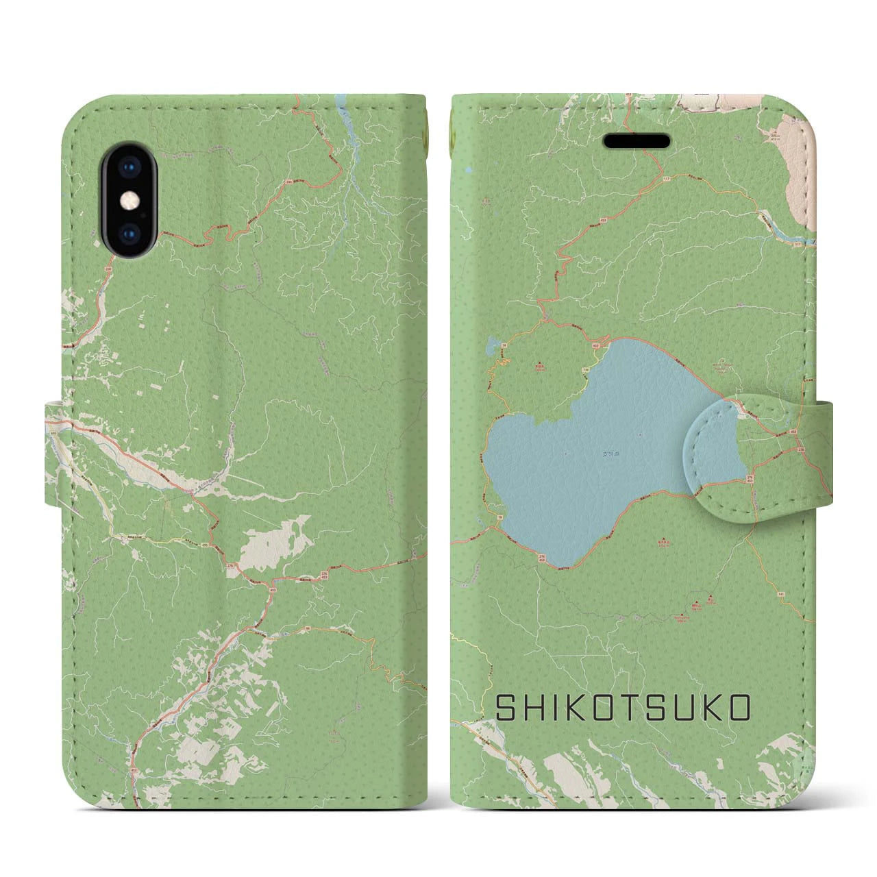 【支笏湖(北海道)】地図柄iPhoneケース(手帳タイプ)ナチュラル・iPhone XS / X 用