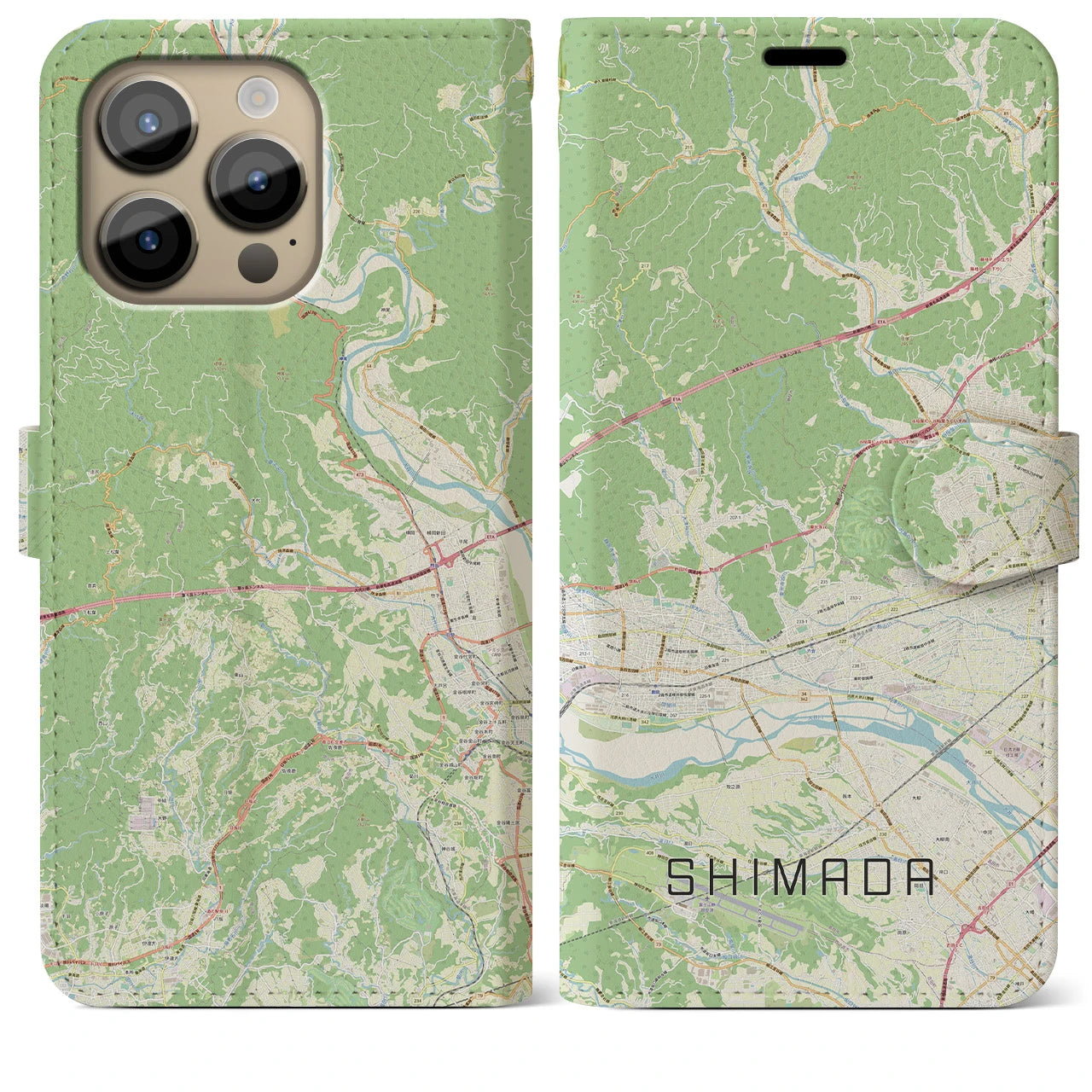 【島田(静岡県)】地図柄iPhoneケース(手帳タイプ)ナチュラル・iPhone 14 Pro Max 用
