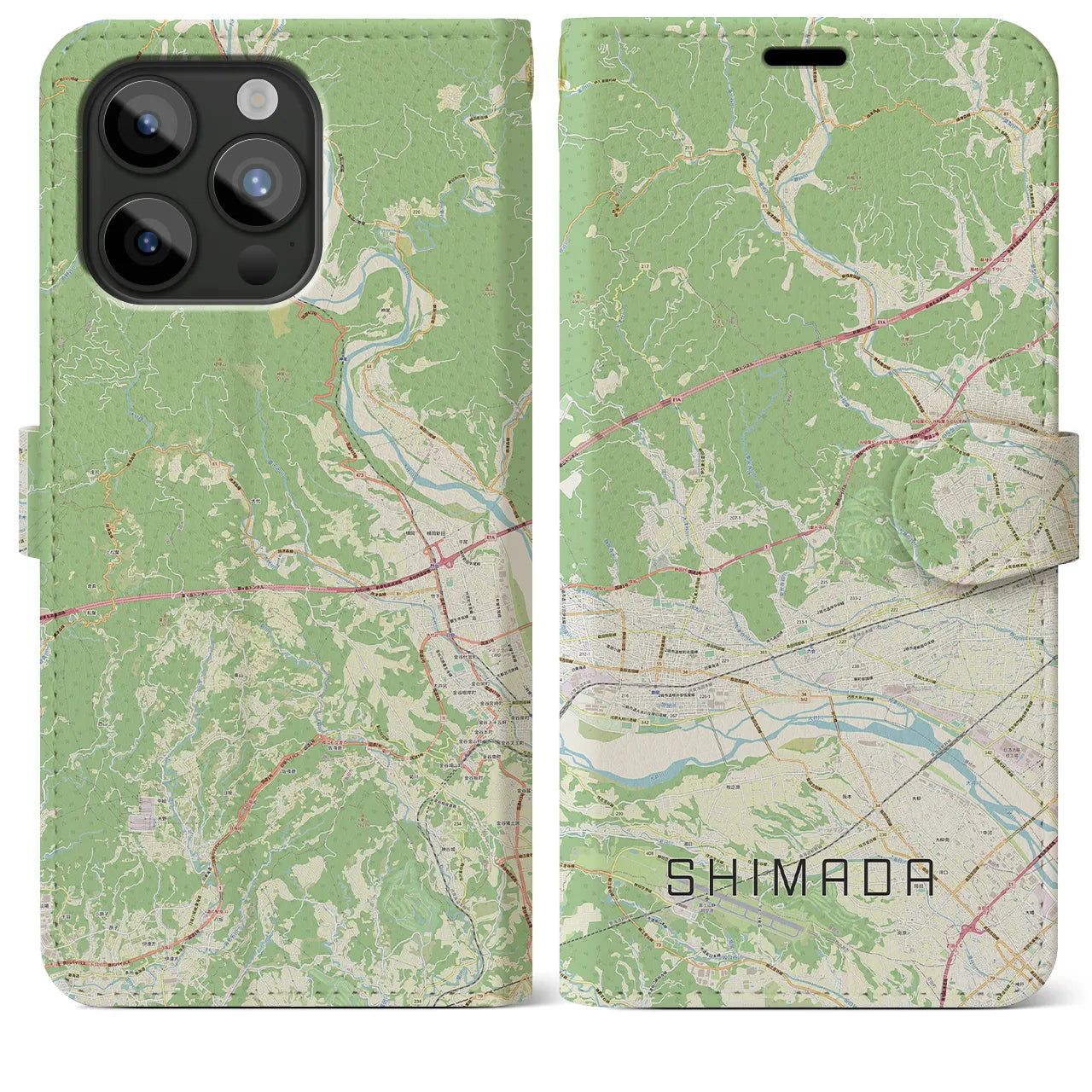 【島田(静岡県)】地図柄iPhoneケース(手帳タイプ)ナチュラル・iPhone 15 Pro Max 用