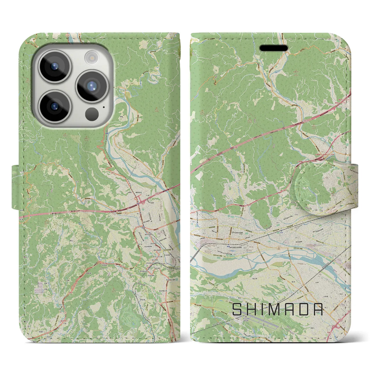 【島田(静岡県)】地図柄iPhoneケース(手帳タイプ)ナチュラル・iPhone 15 Pro 用