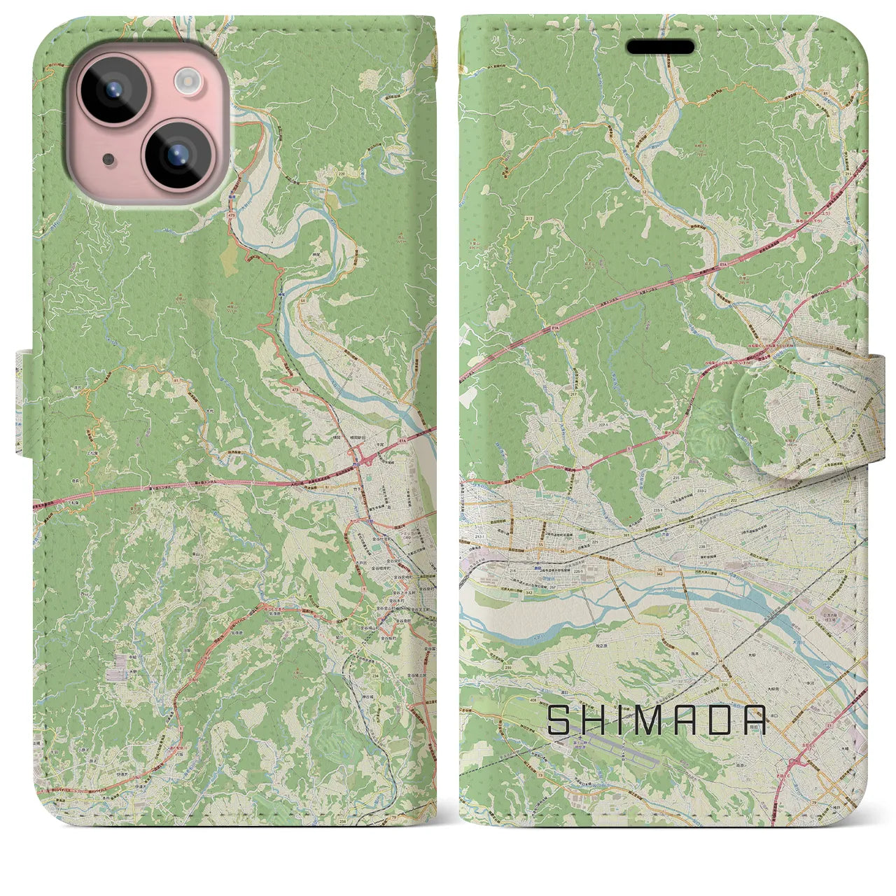 【島田(静岡県)】地図柄iPhoneケース(手帳タイプ)ナチュラル・iPhone 15 Plus 用