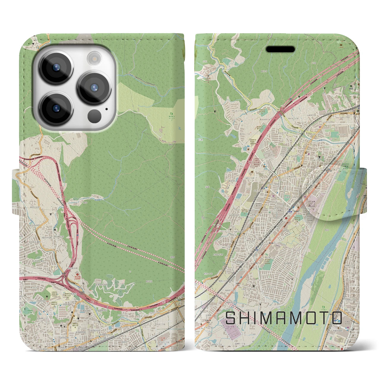 【島本(大阪府)】地図柄iPhoneケース(手帳タイプ)ナチュラル・iPhone 14 Pro 用