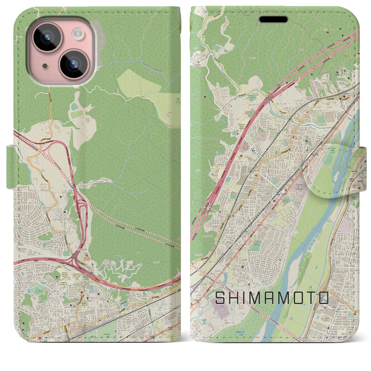 【島本(大阪府)】地図柄iPhoneケース(手帳タイプ)ナチュラル・iPhone 15 Plus 用