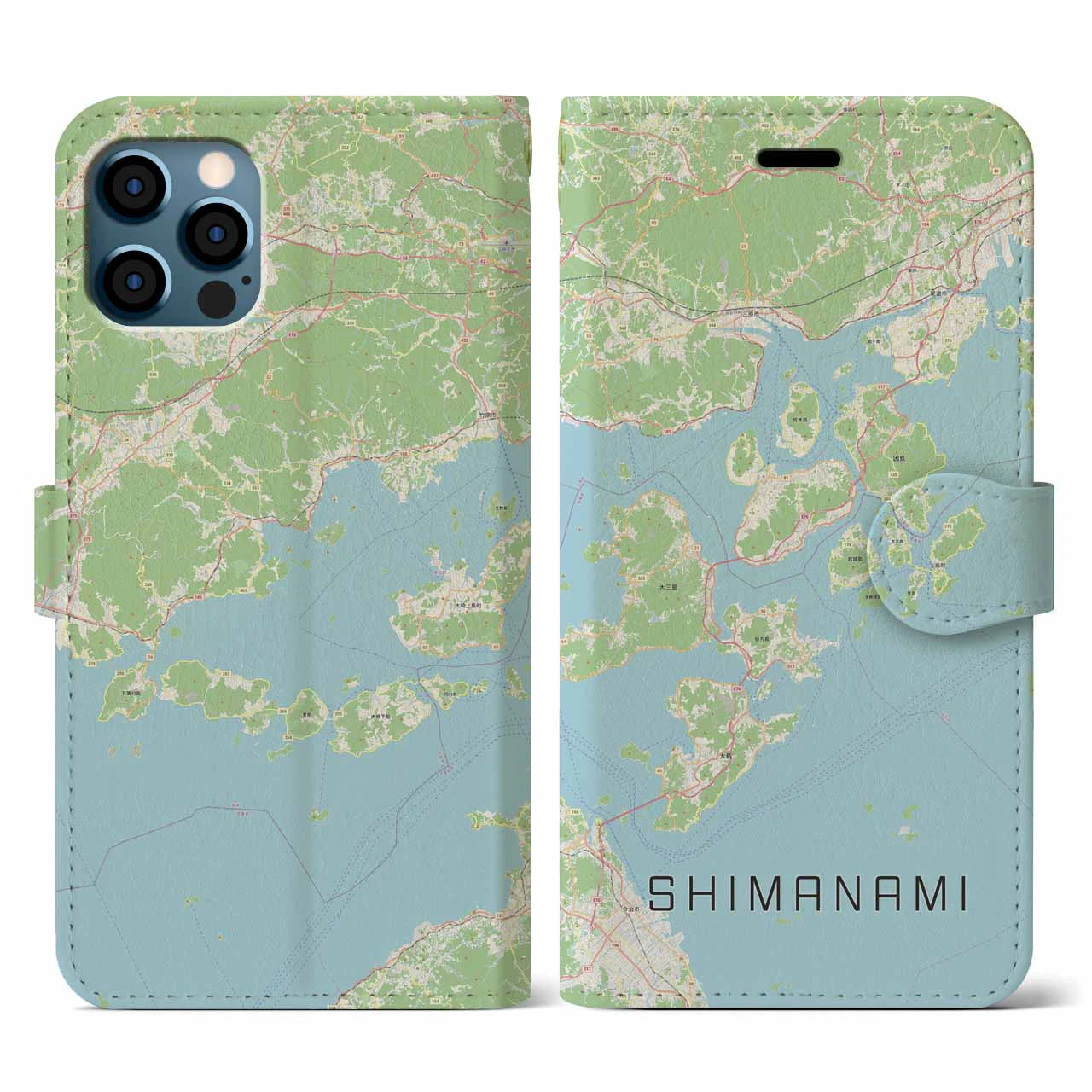 【しまなみ2(広島県)】地図柄iPhoneケース(手帳タイプ)ナチュラル・iPhone 12 / 12 Pro 用