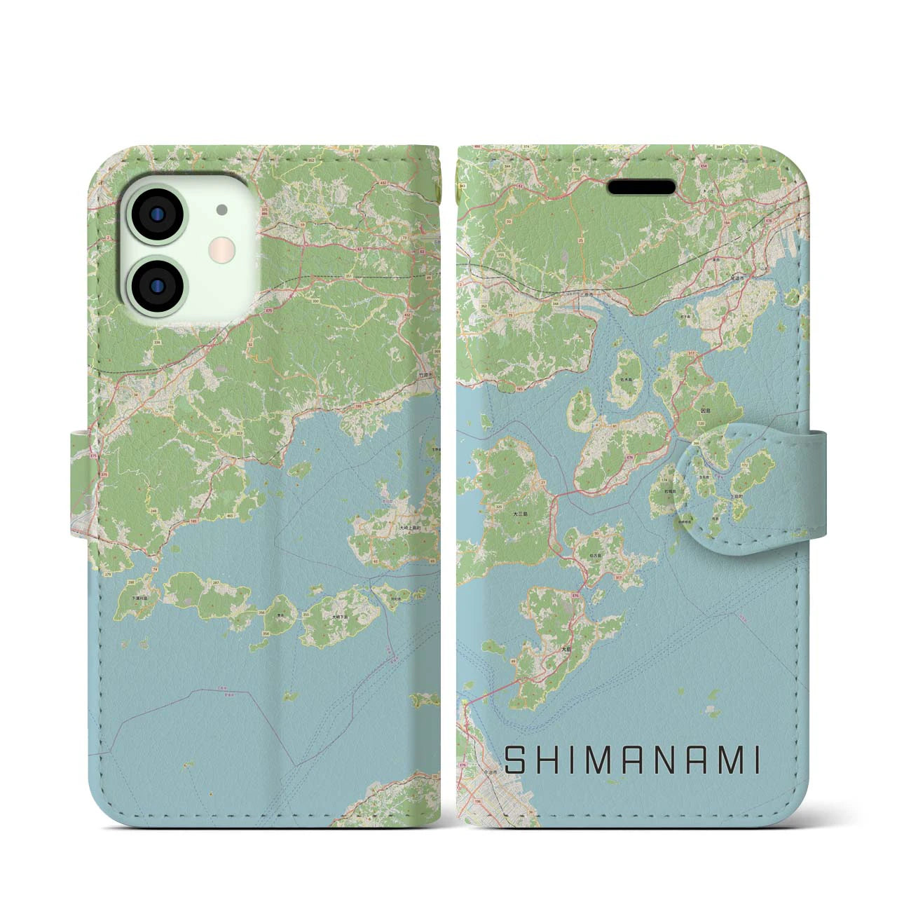 【しまなみ2(広島県)】地図柄iPhoneケース(手帳タイプ)ナチュラル・iPhone 12 mini 用