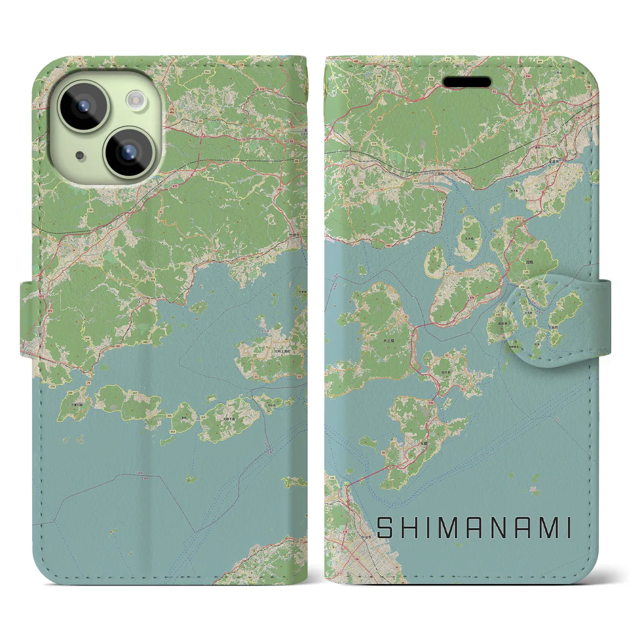 【しまなみ2(広島県)】地図柄iPhoneケース(手帳タイプ)ナチュラル・iPhone 15 用