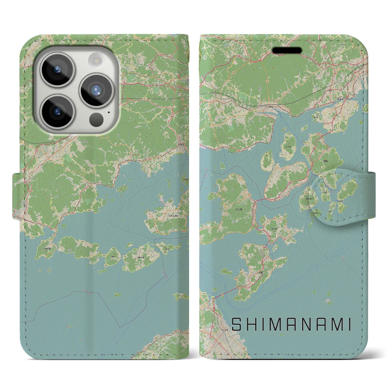 【しまなみ2(広島県)】地図柄iPhoneケース(手帳タイプ)ナチュラル・iPhone 15 Pro 用