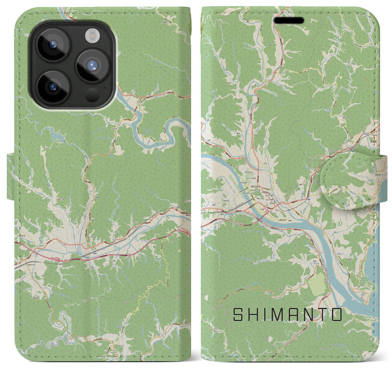 【四万十(高知県)】地図柄iPhoneケース(手帳タイプ)ナチュラル・iPhone 15 Pro Max 用