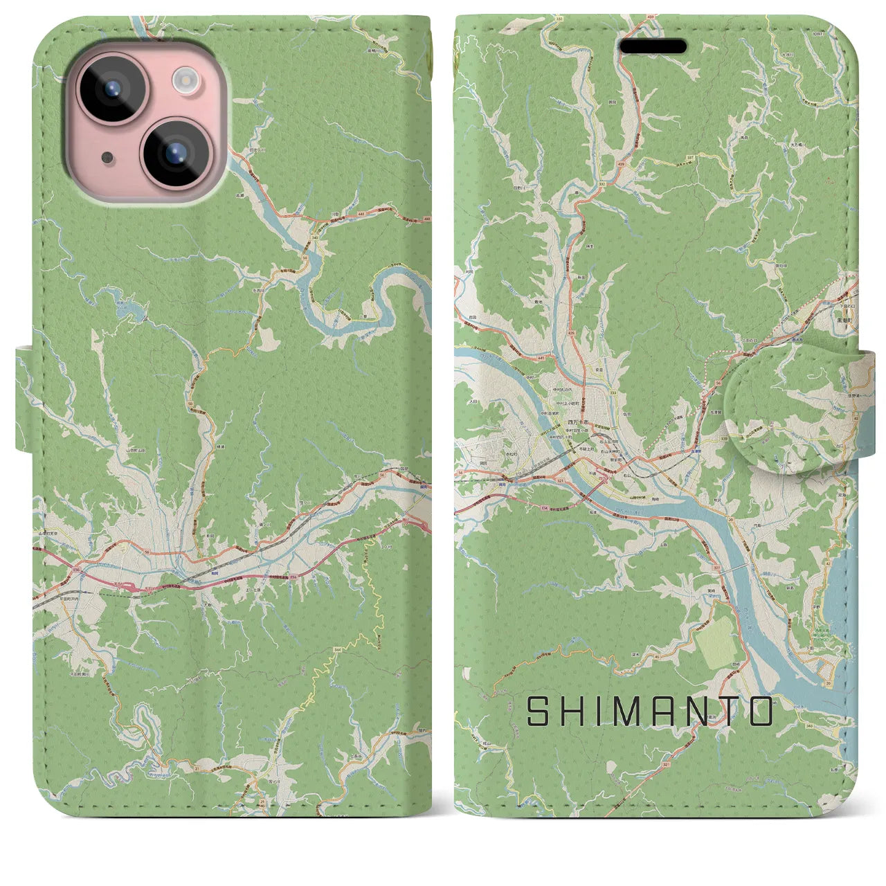 【四万十(高知県)】地図柄iPhoneケース(手帳タイプ)ナチュラル・iPhone 15 Plus 用