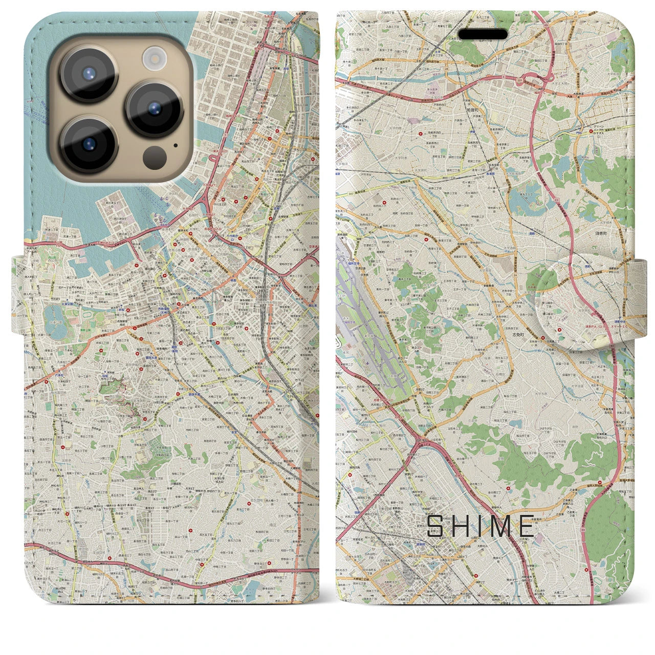 【志免(福岡県)】地図柄iPhoneケース(手帳タイプ)ナチュラル・iPhone 14 Pro Max 用