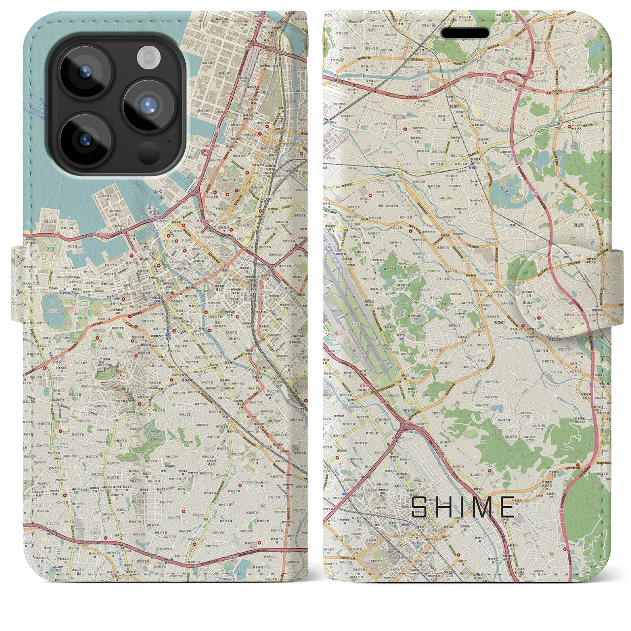 【志免(福岡県)】地図柄iPhoneケース(手帳タイプ)ナチュラル・iPhone 15 Pro Max 用