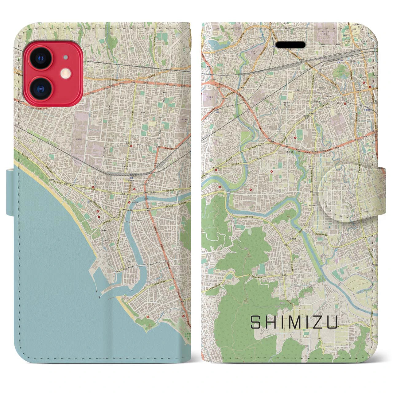 【清水(静岡県清水町)】地図柄iPhoneケース(手帳タイプ)ナチュラル・iPhone 11 用