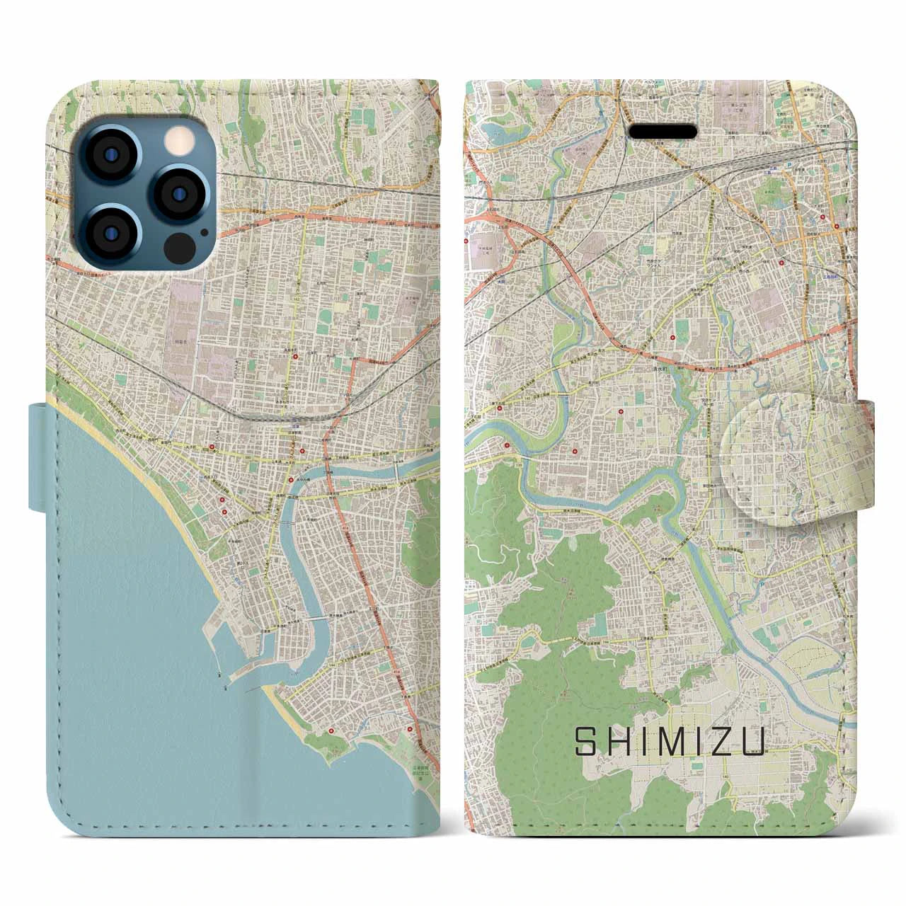 【清水(静岡県清水町)】地図柄iPhoneケース(手帳タイプ)ナチュラル・iPhone 12 / 12 Pro 用