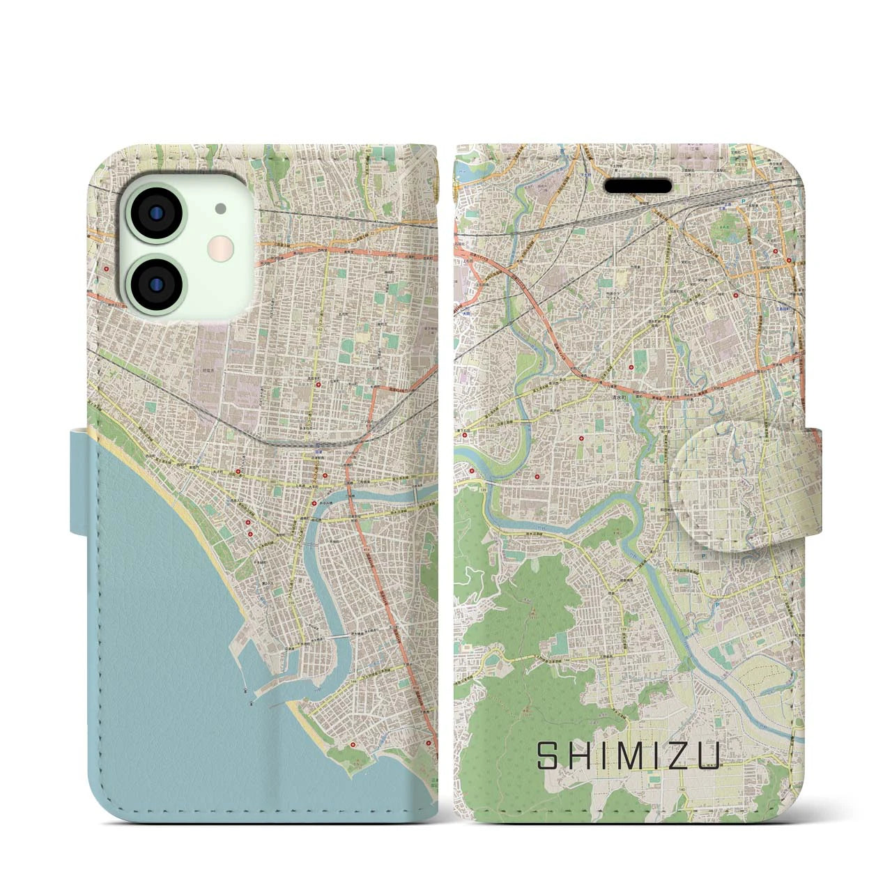 【清水(静岡県清水町)】地図柄iPhoneケース(手帳タイプ)ナチュラル・iPhone 12 mini 用