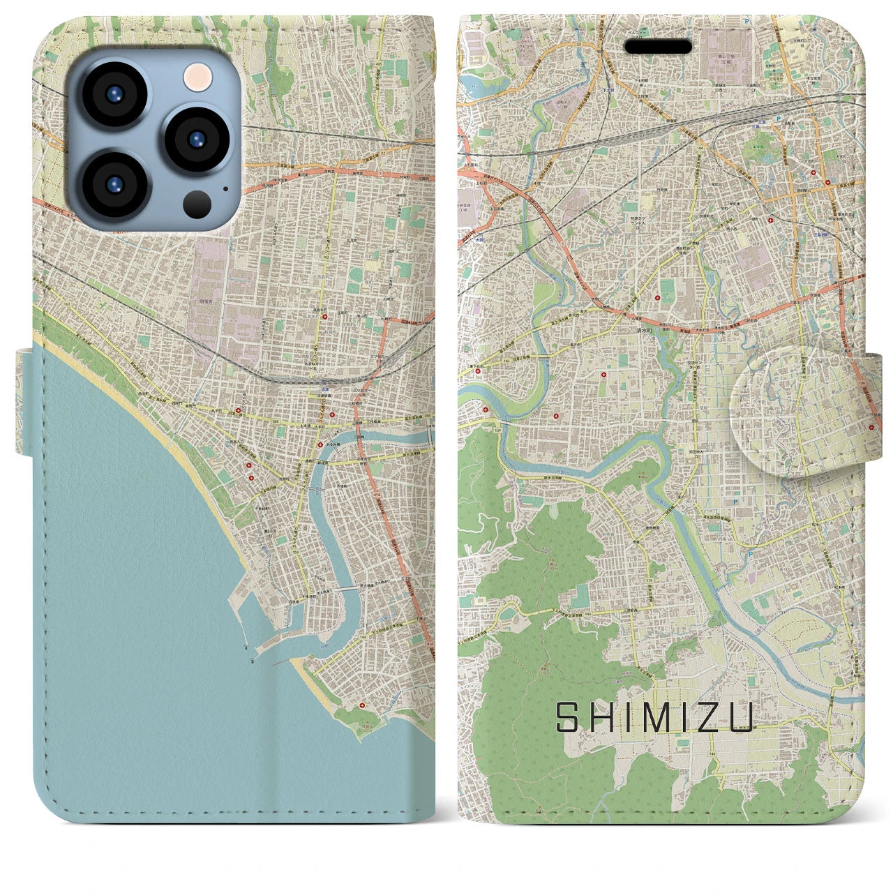 【清水(静岡県清水町)】地図柄iPhoneケース(手帳タイプ)ナチュラル・iPhone 13 Pro Max 用
