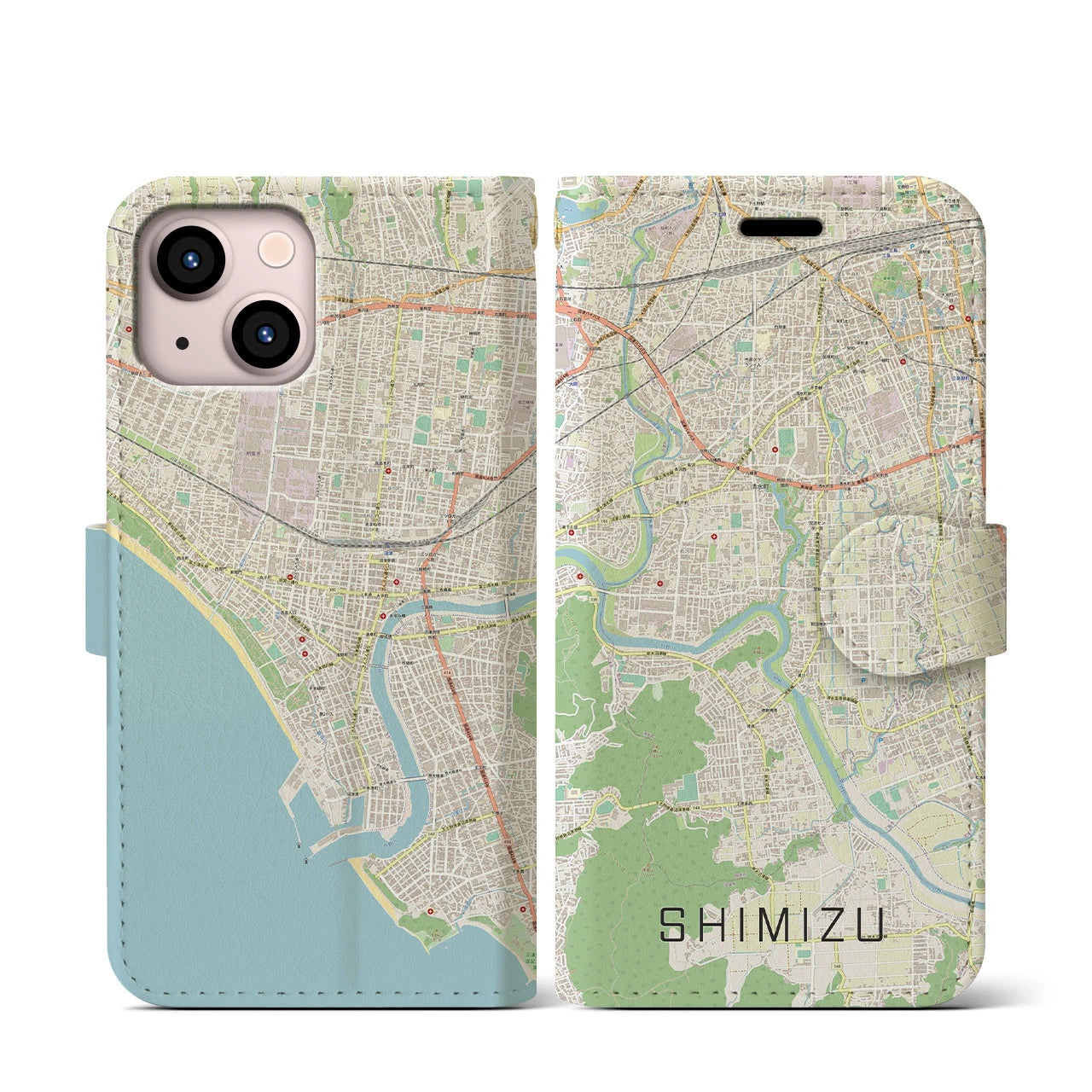 【清水(静岡県清水町)】地図柄iPhoneケース(手帳タイプ)ナチュラル・iPhone 13 mini 用