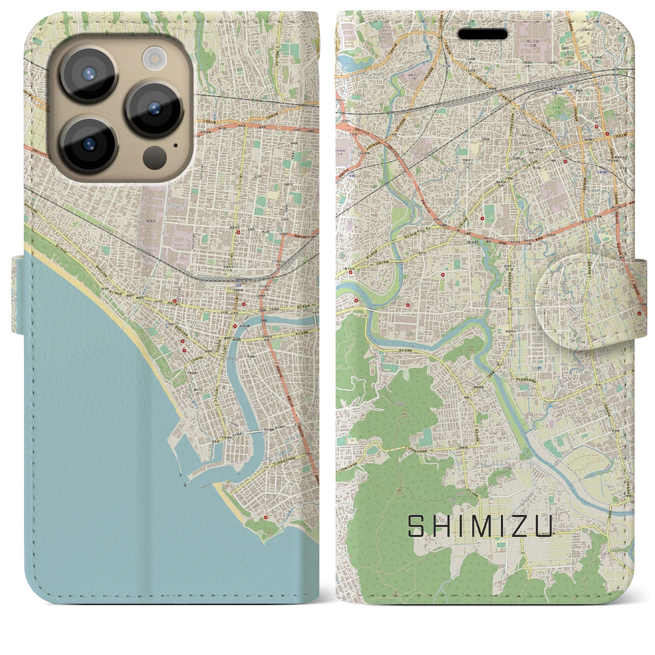 【清水(静岡県清水町)】地図柄iPhoneケース(手帳タイプ)ナチュラル・iPhone 14 Pro Max 用