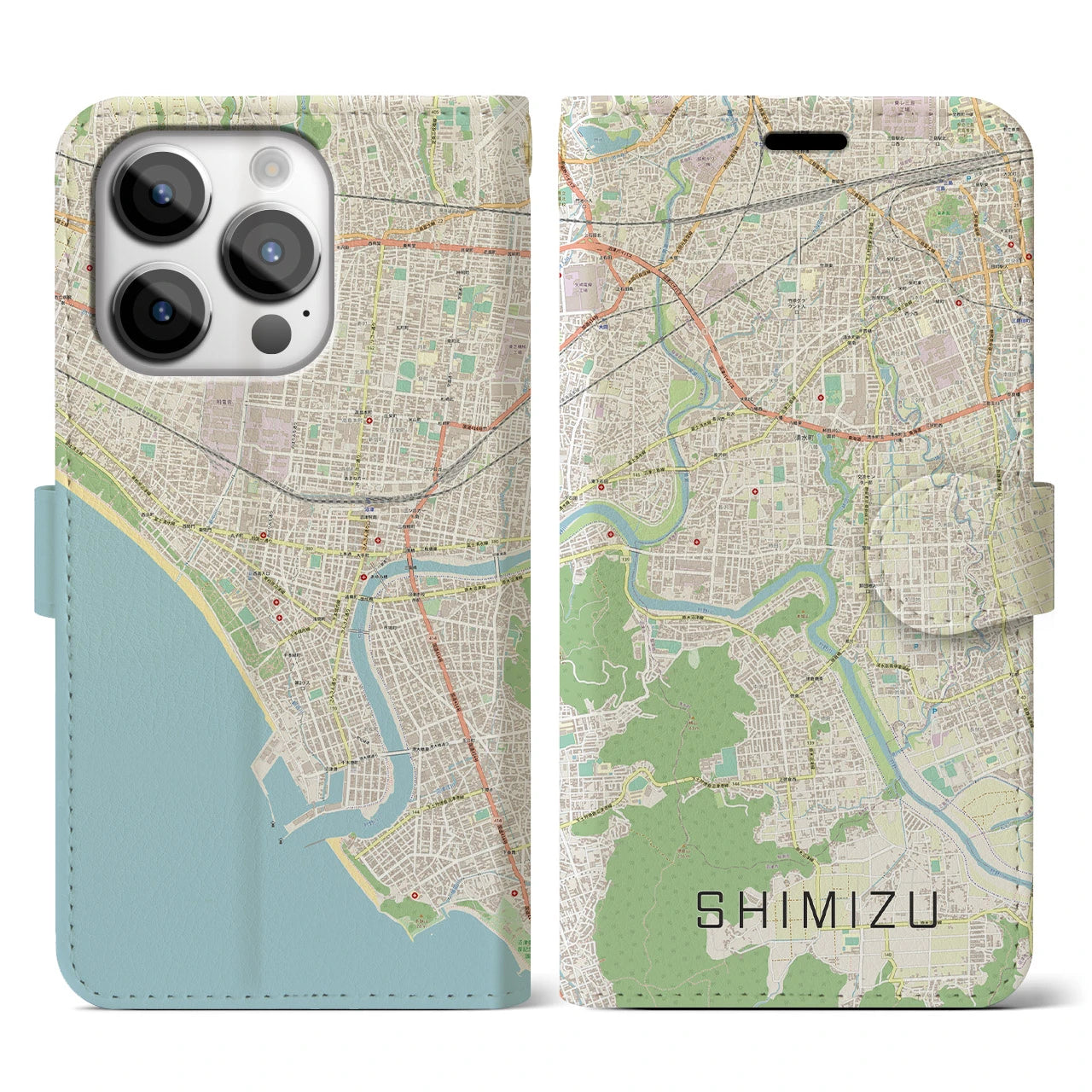 【清水(静岡県清水町)】地図柄iPhoneケース(手帳タイプ)ナチュラル・iPhone 14 Pro 用