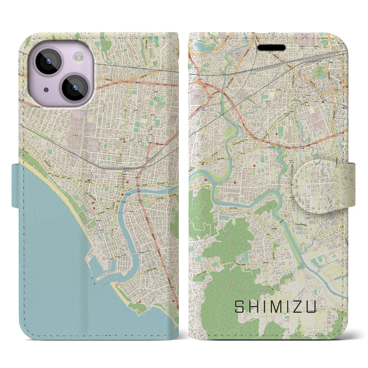【清水(静岡県清水町)】地図柄iPhoneケース(手帳タイプ)ナチュラル・iPhone 14 用