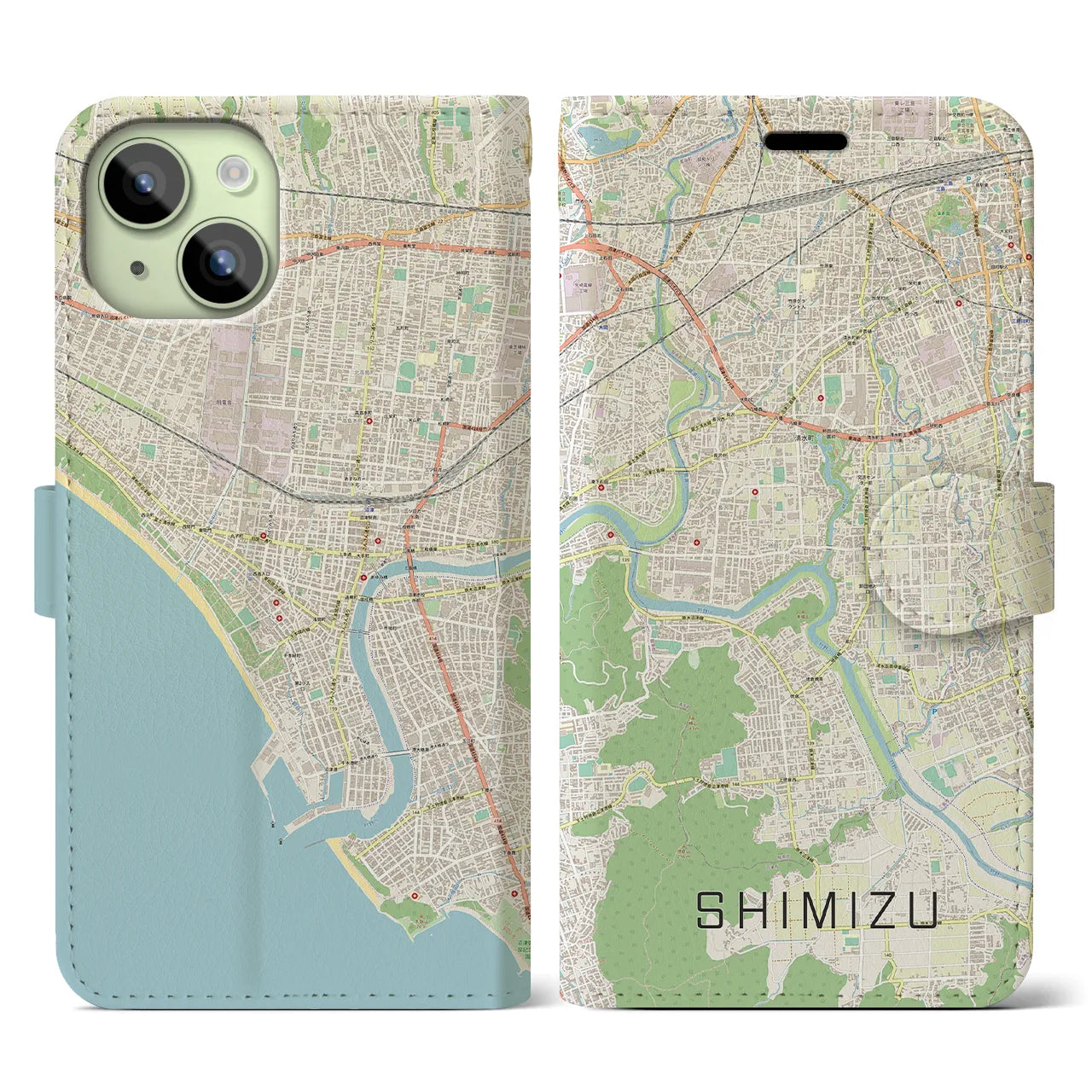 【清水(静岡県清水町)】地図柄iPhoneケース(手帳タイプ)ナチュラル・iPhone 15 用