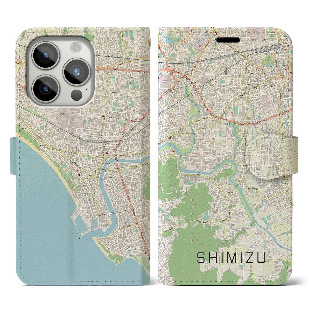 【清水(静岡県清水町)】地図柄iPhoneケース(手帳タイプ)ナチュラル・iPhone 15 Pro 用