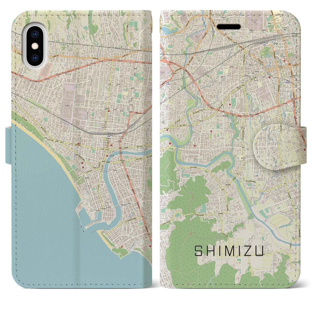【清水(静岡県清水町)】地図柄iPhoneケース(手帳タイプ)ナチュラル・iPhone XS Max 用