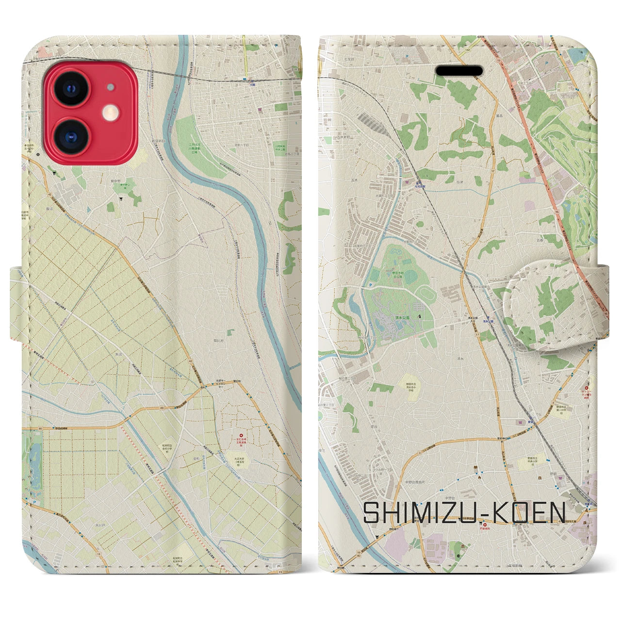 【清水公園(千葉県)】地図柄iPhoneケース(手帳タイプ)ナチュラル・iPhone 11 用