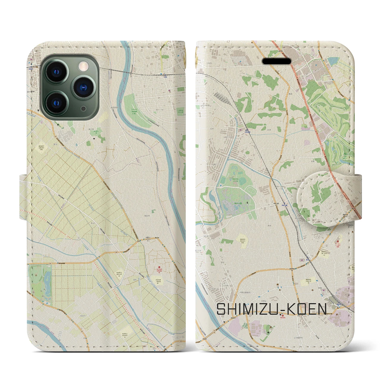 【清水公園(千葉県)】地図柄iPhoneケース(手帳タイプ)ナチュラル・iPhone 11 Pro 用