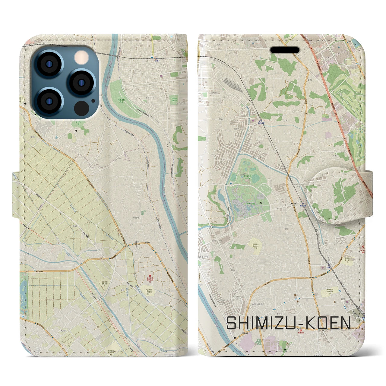【清水公園(千葉県)】地図柄iPhoneケース(手帳タイプ)ナチュラル・iPhone 12 / 12 Pro 用