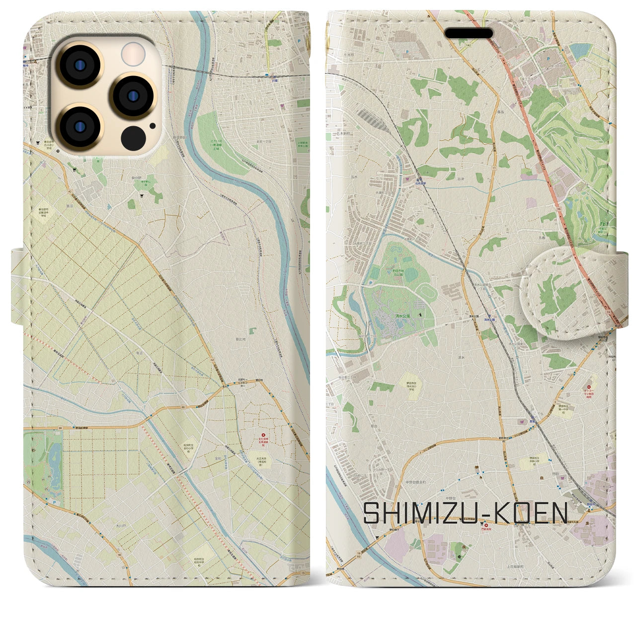 【清水公園(千葉県)】地図柄iPhoneケース(手帳タイプ)ナチュラル・iPhone 12 Pro Max 用