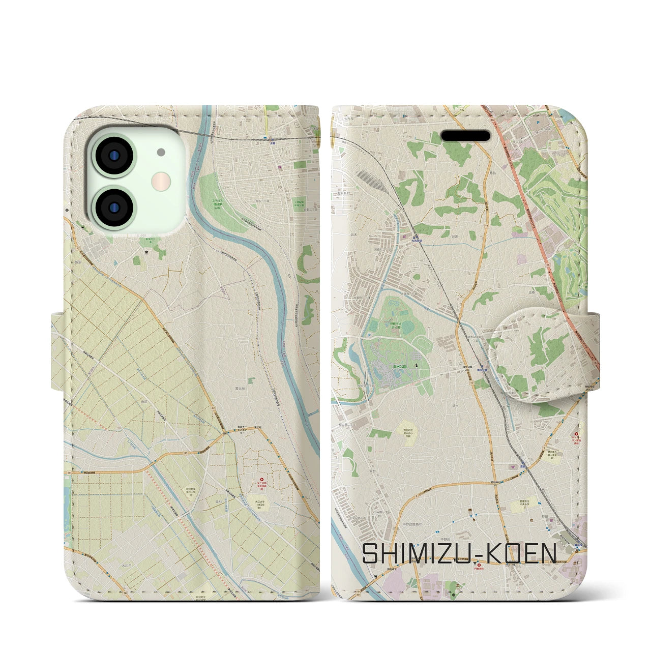 【清水公園(千葉県)】地図柄iPhoneケース(手帳タイプ)ナチュラル・iPhone 12 mini 用