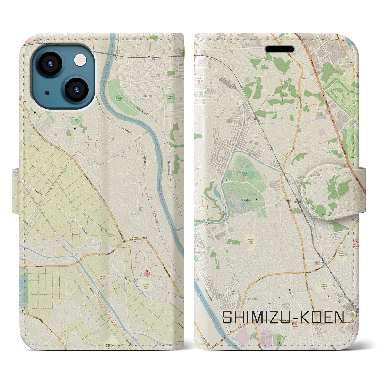 【清水公園(千葉県)】地図柄iPhoneケース(手帳タイプ)ナチュラル・iPhone 13 用