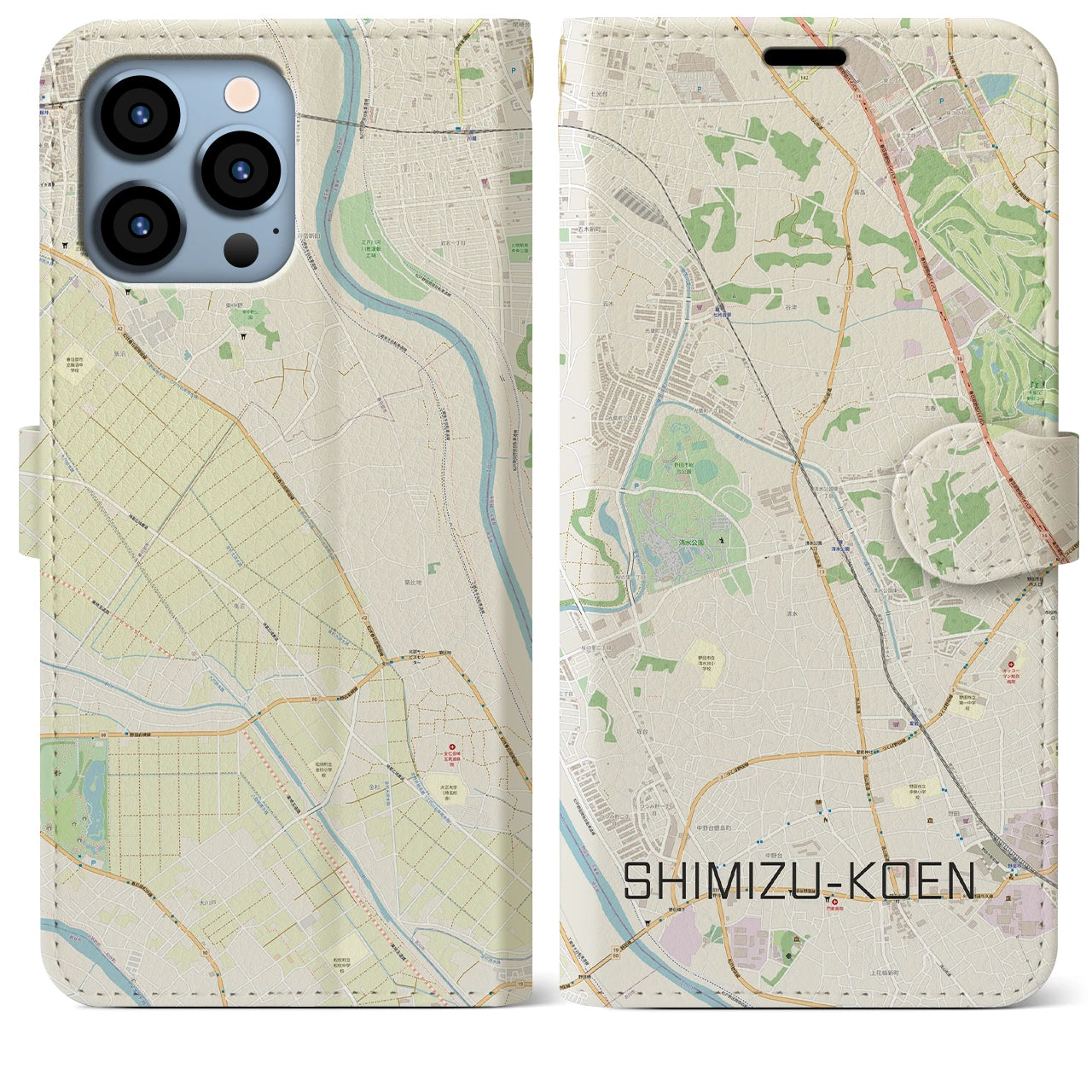 【清水公園(千葉県)】地図柄iPhoneケース(手帳タイプ)ナチュラル・iPhone 13 Pro Max 用