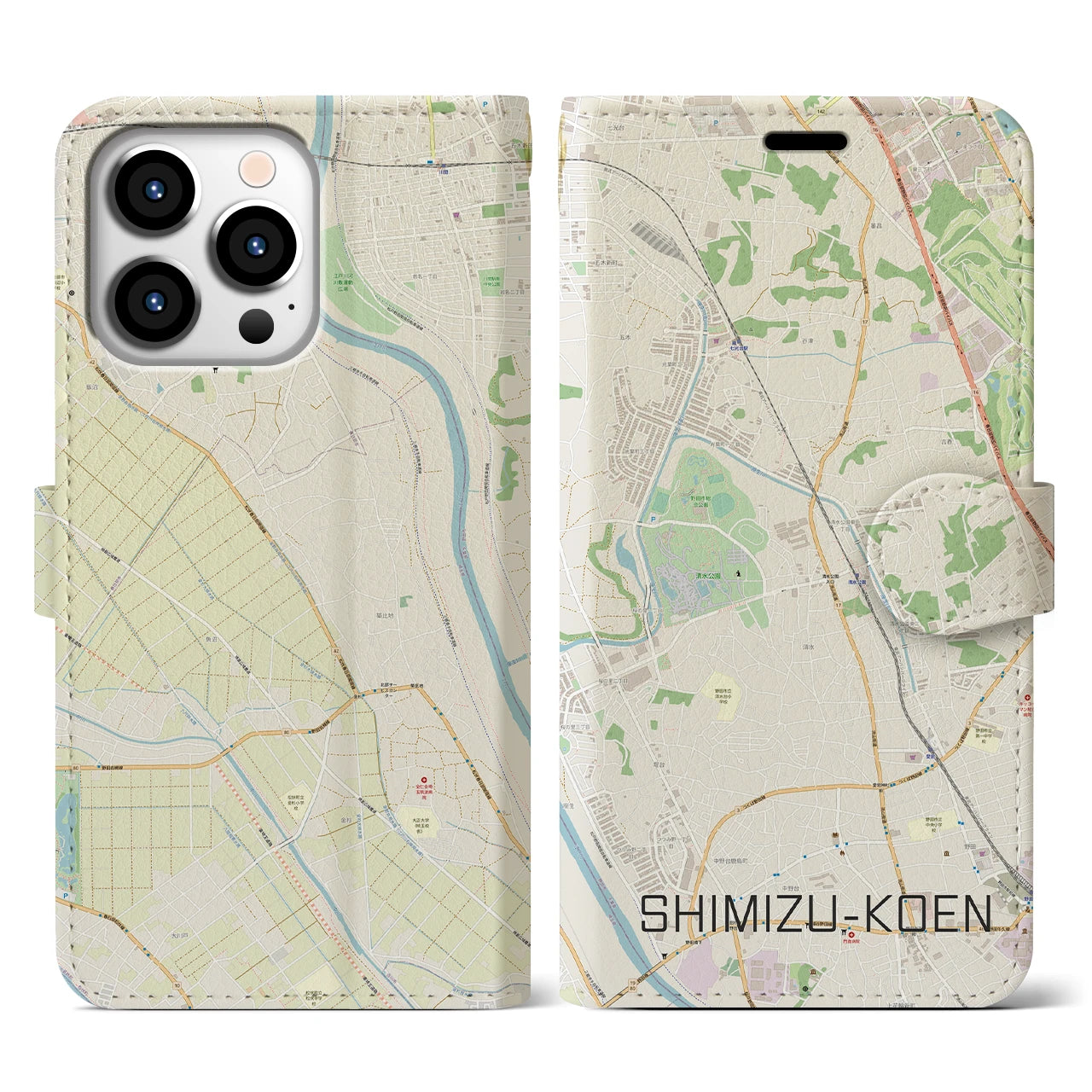 【清水公園(千葉県)】地図柄iPhoneケース(手帳タイプ)ナチュラル・iPhone 13 Pro 用