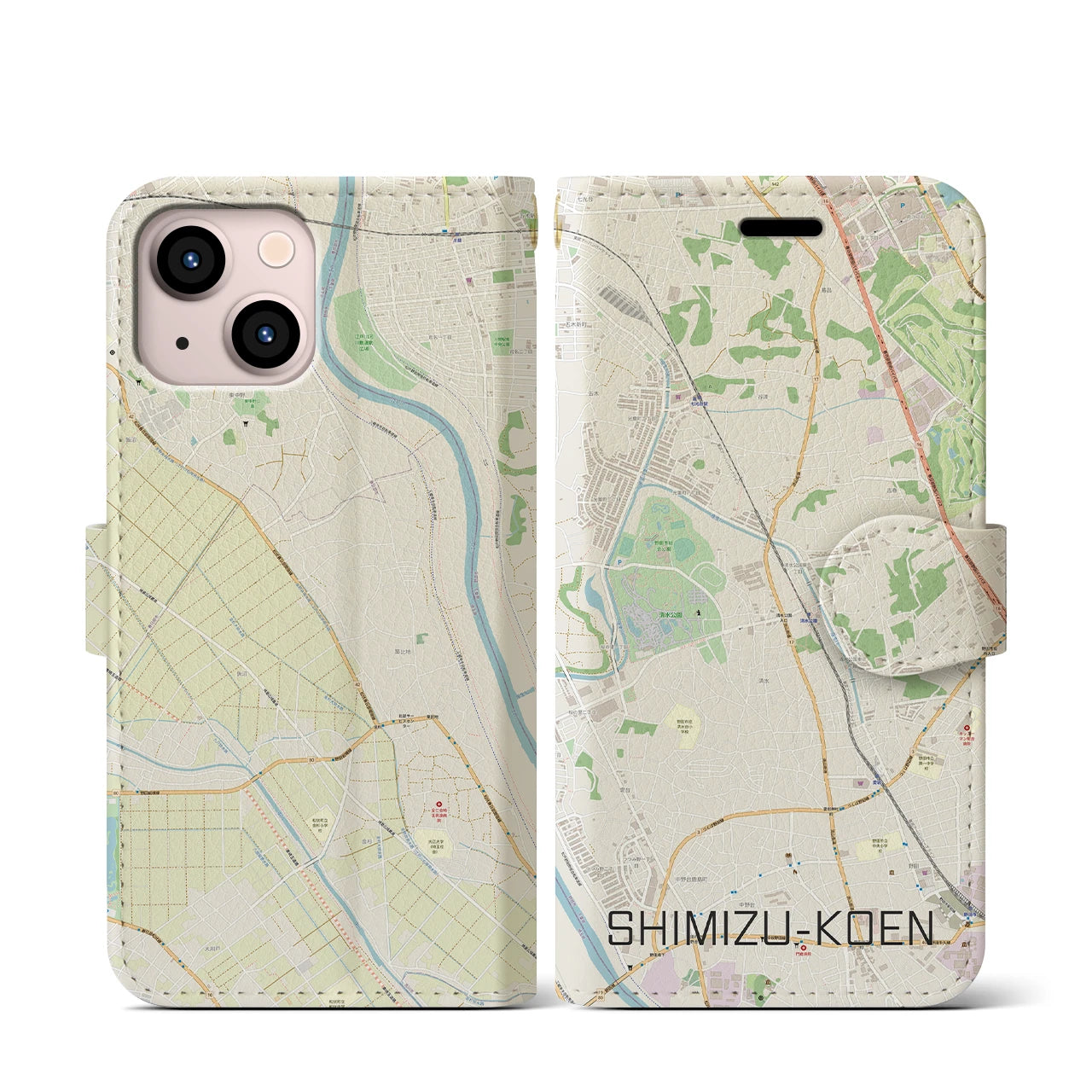 【清水公園(千葉県)】地図柄iPhoneケース(手帳タイプ)ナチュラル・iPhone 13 mini 用