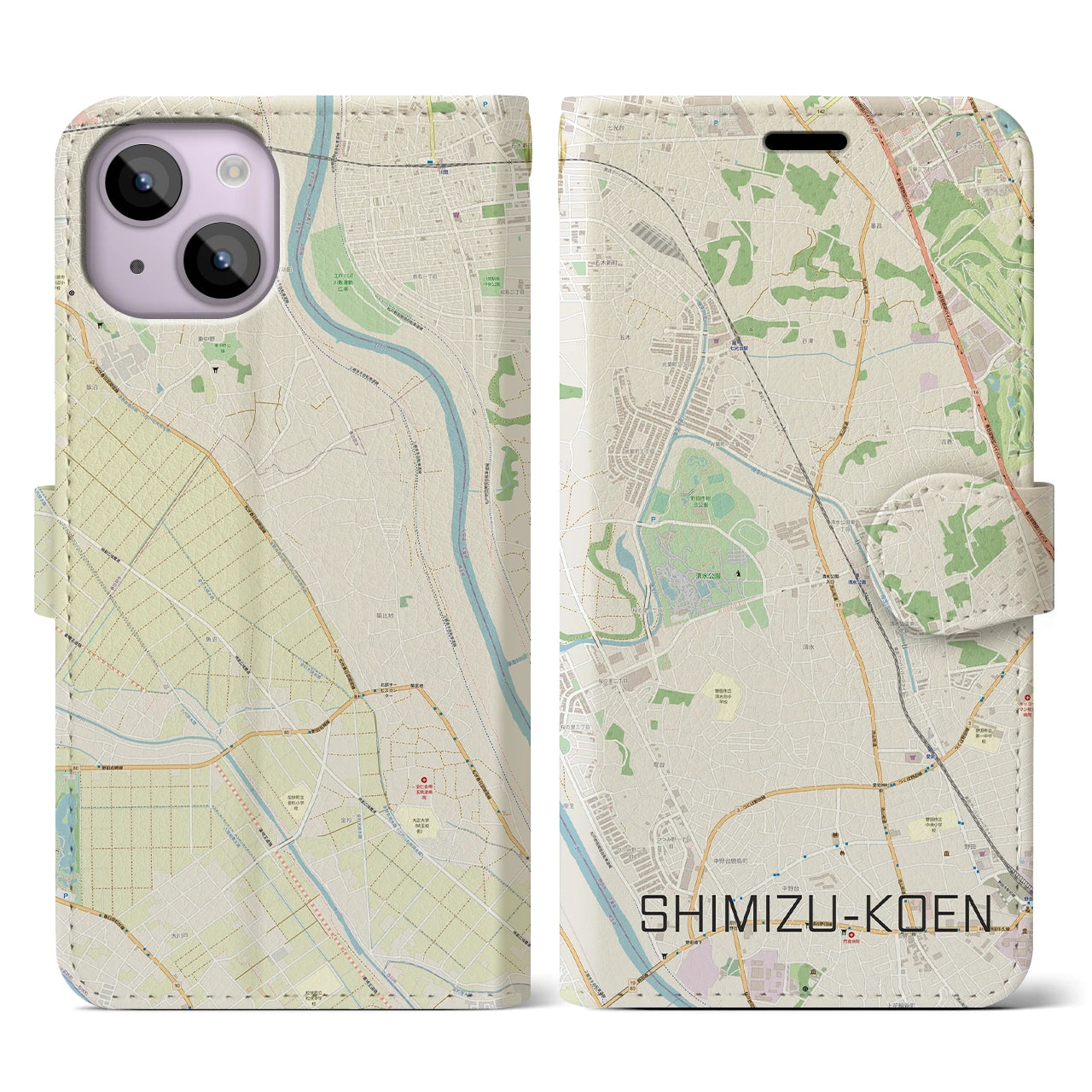 【清水公園(千葉県)】地図柄iPhoneケース(手帳タイプ)ナチュラル・iPhone 14 用