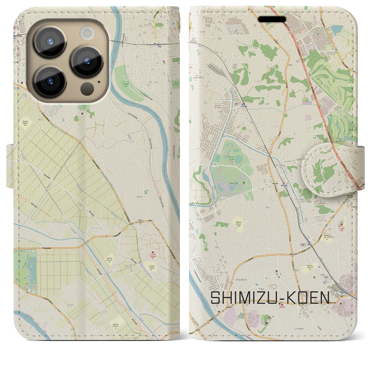 【清水公園(千葉県)】地図柄iPhoneケース(手帳タイプ)ナチュラル・iPhone 14 Pro Max 用