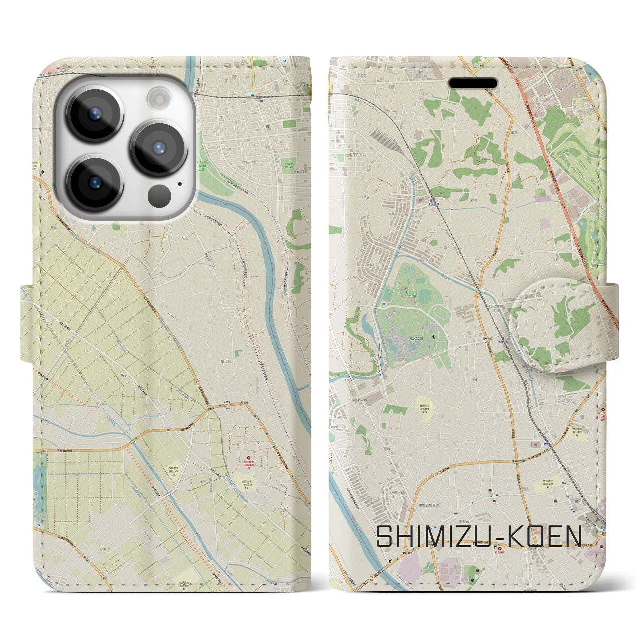 【清水公園(千葉県)】地図柄iPhoneケース(手帳タイプ)ナチュラル・iPhone 14 Pro 用