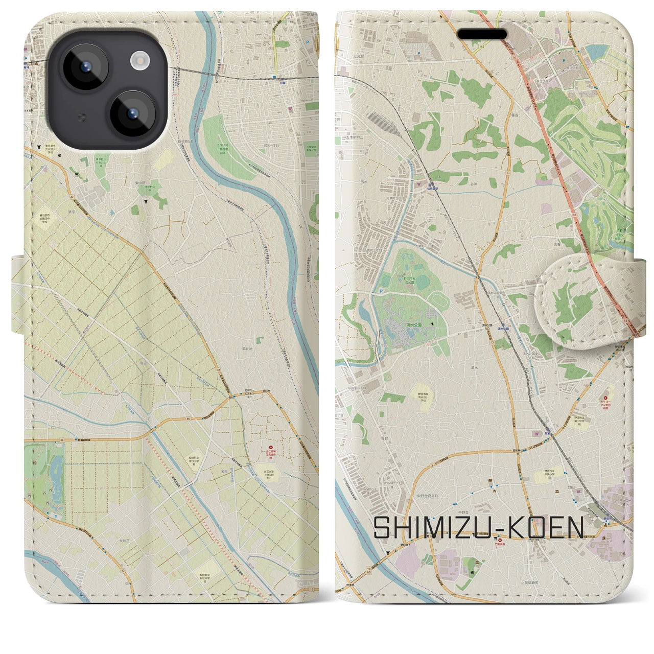 【清水公園(千葉県)】地図柄iPhoneケース(手帳タイプ)ナチュラル・iPhone 14 Plus 用