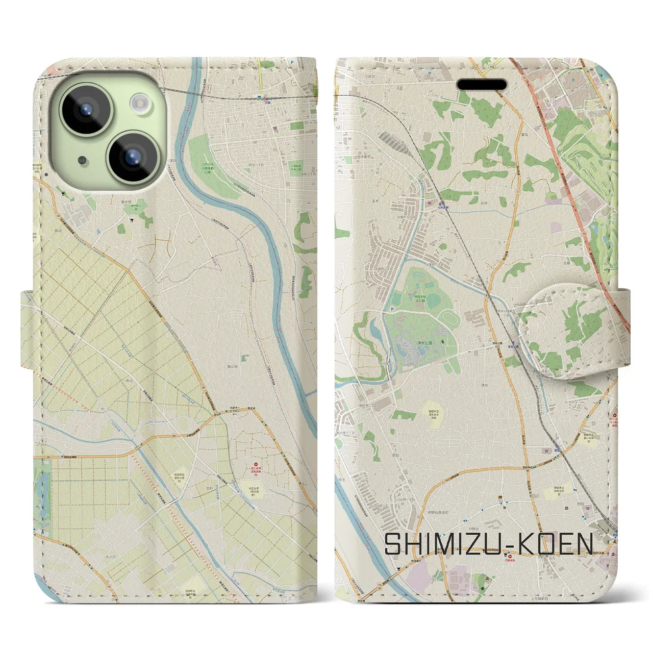 【清水公園(千葉県)】地図柄iPhoneケース(手帳タイプ)ナチュラル・iPhone 15 用