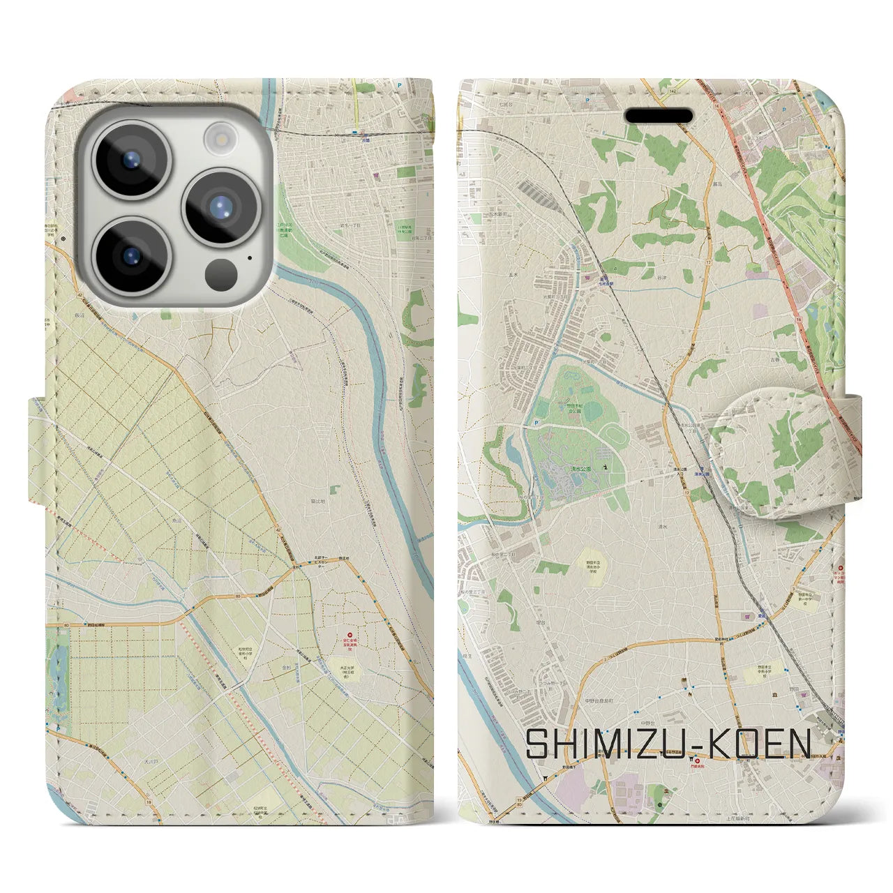 【清水公園(千葉県)】地図柄iPhoneケース(手帳タイプ)ナチュラル・iPhone 15 Pro 用