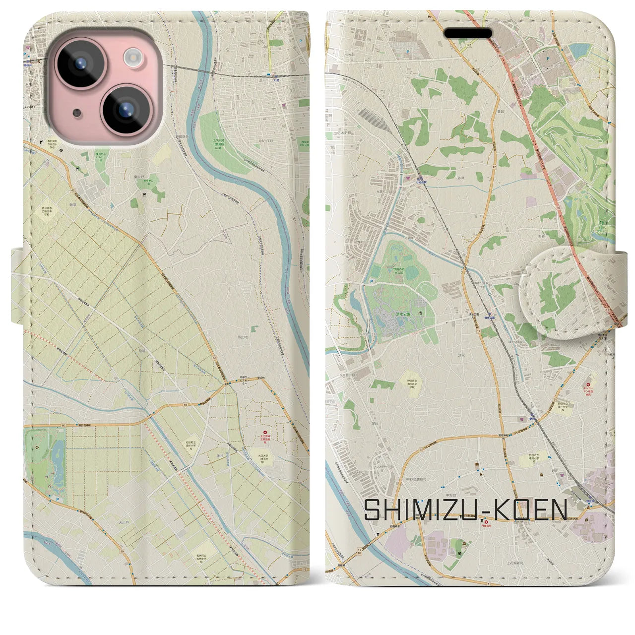 【清水公園(千葉県)】地図柄iPhoneケース(手帳タイプ)ナチュラル・iPhone 15 Plus 用
