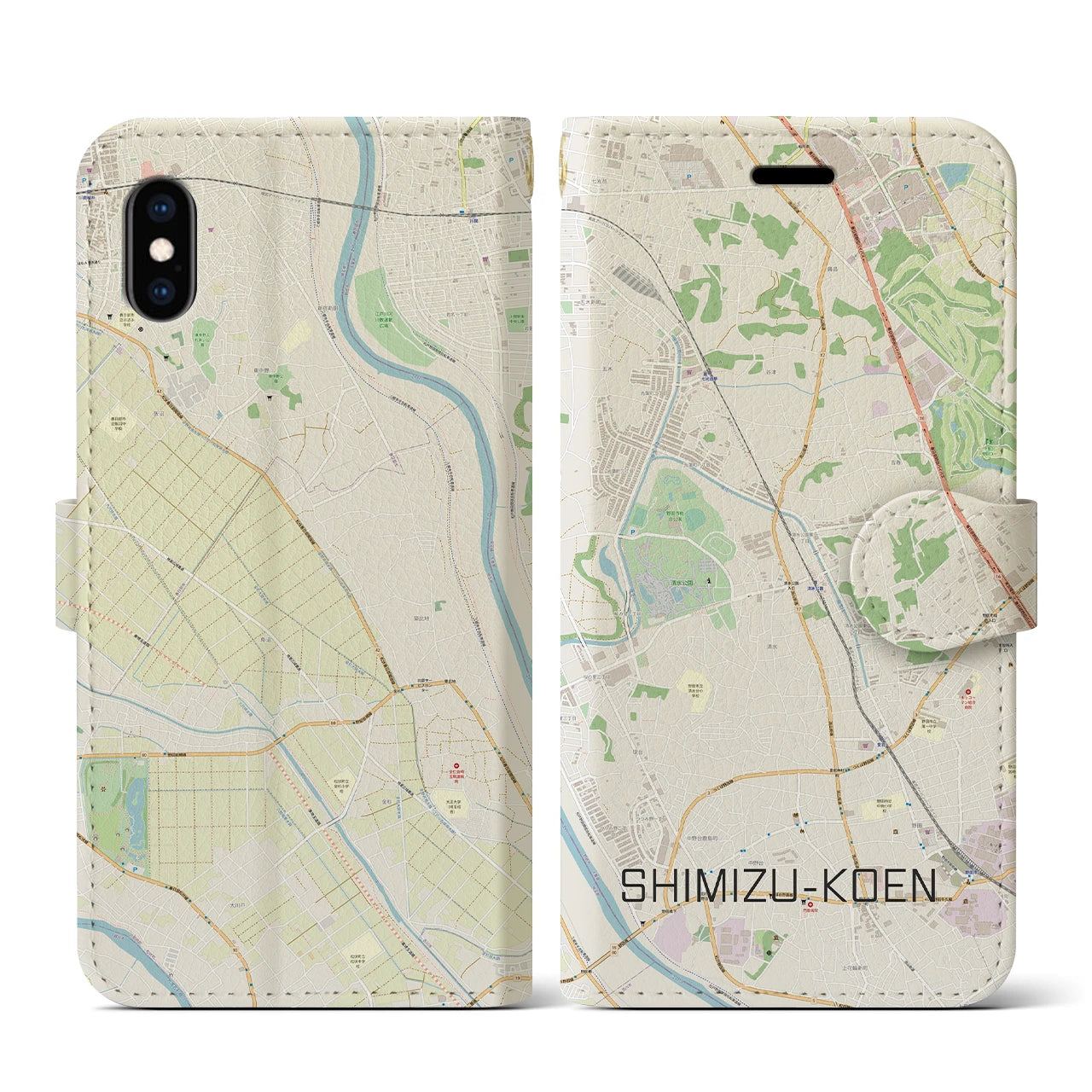【清水公園(千葉県)】地図柄iPhoneケース(手帳タイプ)ナチュラル・iPhone XS / X 用