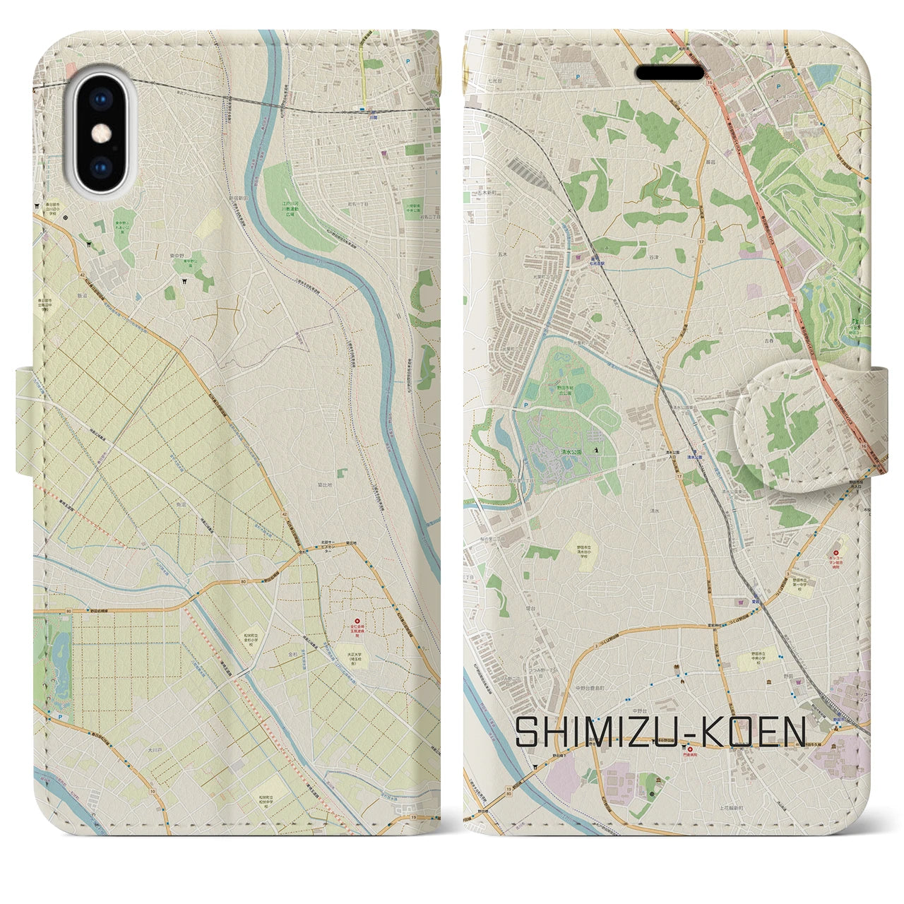 【清水公園(千葉県)】地図柄iPhoneケース(手帳タイプ)ナチュラル・iPhone XS Max 用