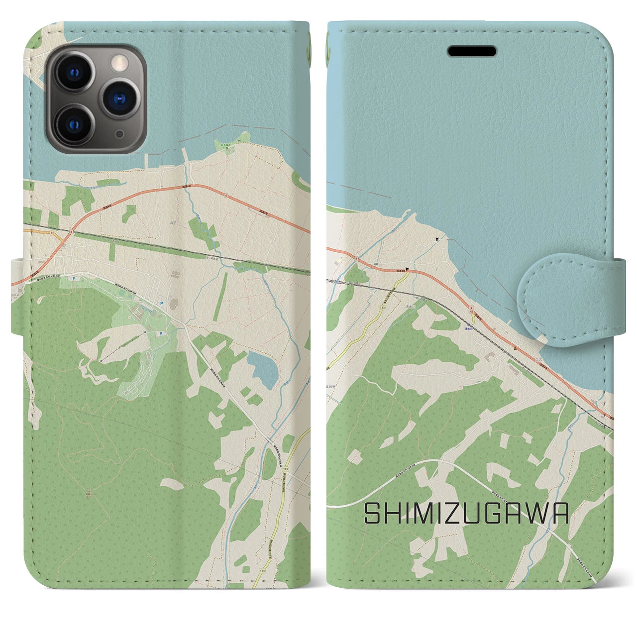 【清水川(青森県)】地図柄iPhoneケース(手帳タイプ)ナチュラル・iPhone 11 Pro Max 用