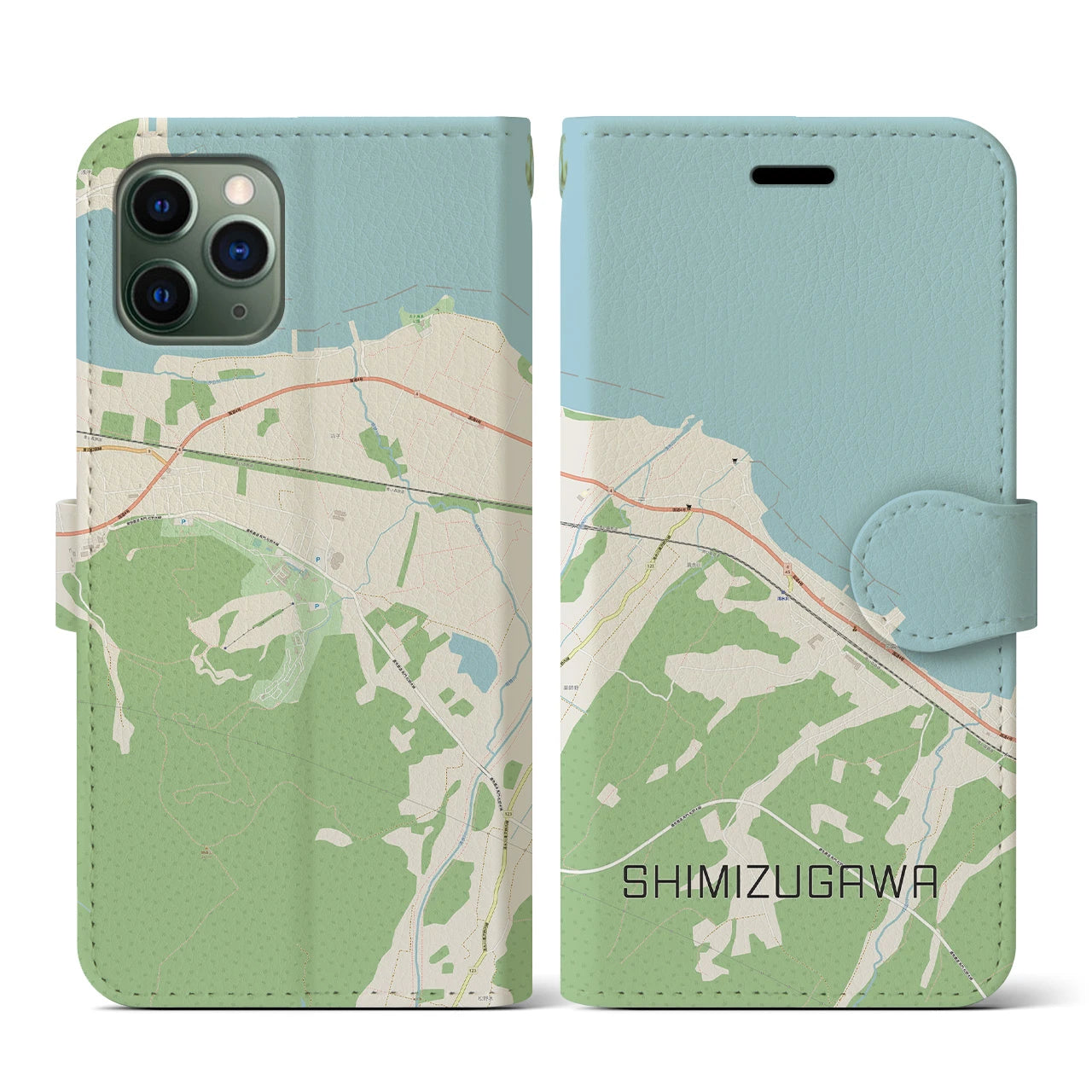 【清水川(青森県)】地図柄iPhoneケース(手帳タイプ)ナチュラル・iPhone 11 Pro 用