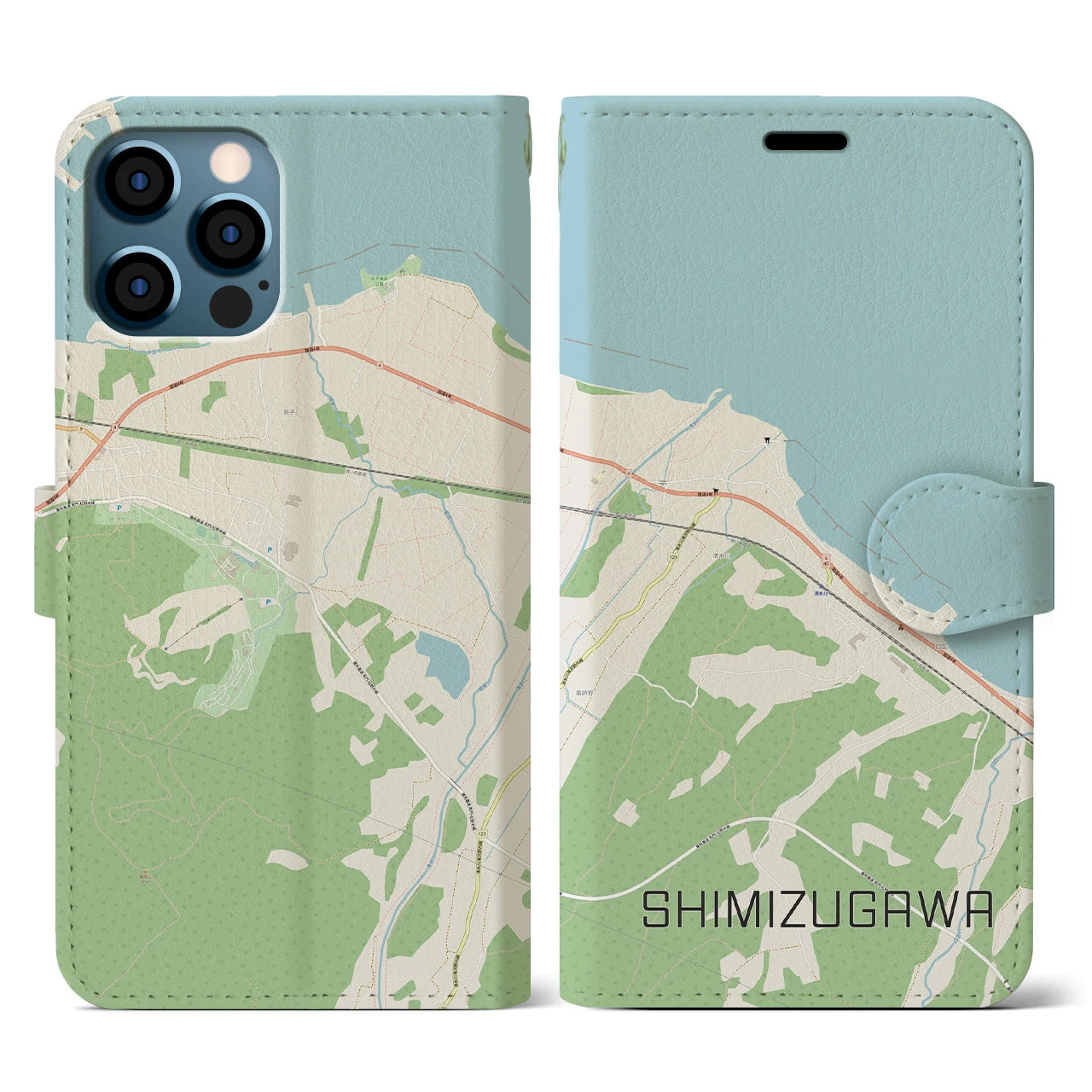 【清水川(青森県)】地図柄iPhoneケース(手帳タイプ)ナチュラル・iPhone 12 / 12 Pro 用